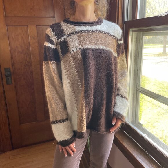 Vintage Sweater 1X CJ Banks Brown Patchwork Cabincore Cottagecore Grandmacore - Picture 1 of 8